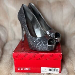 Guess Women's Sparkling Silver Peep Toe Heels